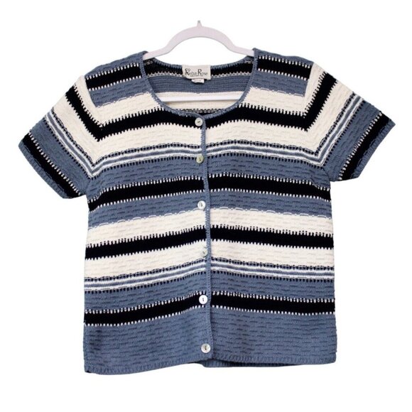 Reba Rose Sweaters - Vintage 70s Cardigan Sweater Size Medium Striped Knit Short Sleeve Cottagecore